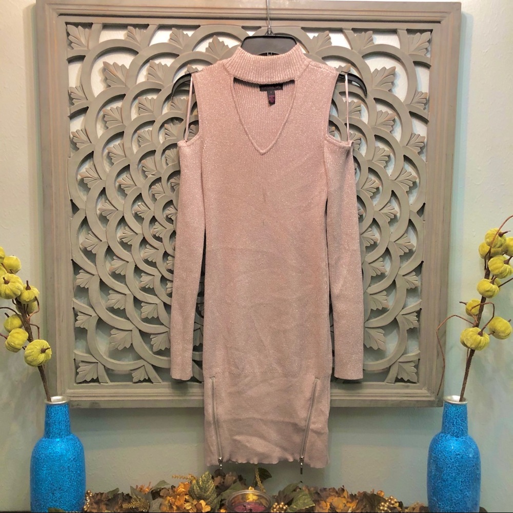 V neck exposed shoulder Sweater dress